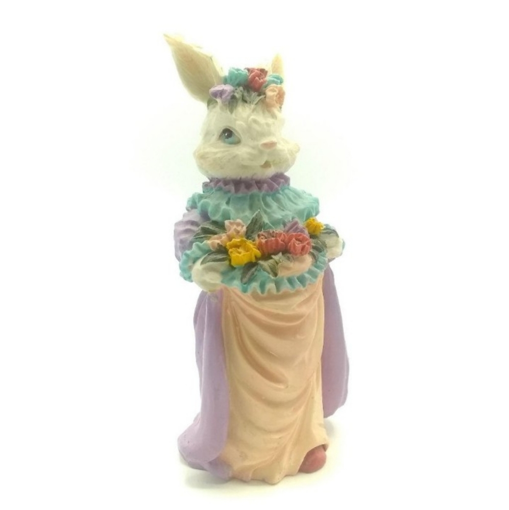 Vintage Resin Bunny Figurine with Apron Flowers